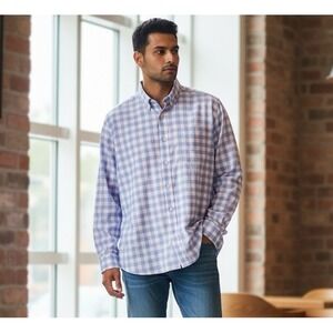 Peter Millar Seaside Silk Blend Mens XL Shirt Pink Blue Check Long Sleeve Easter